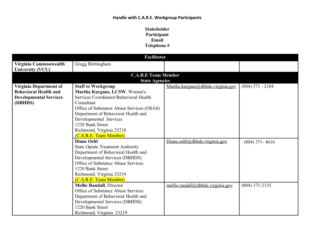 Handle with C.A.R.E. Workgroup Participants