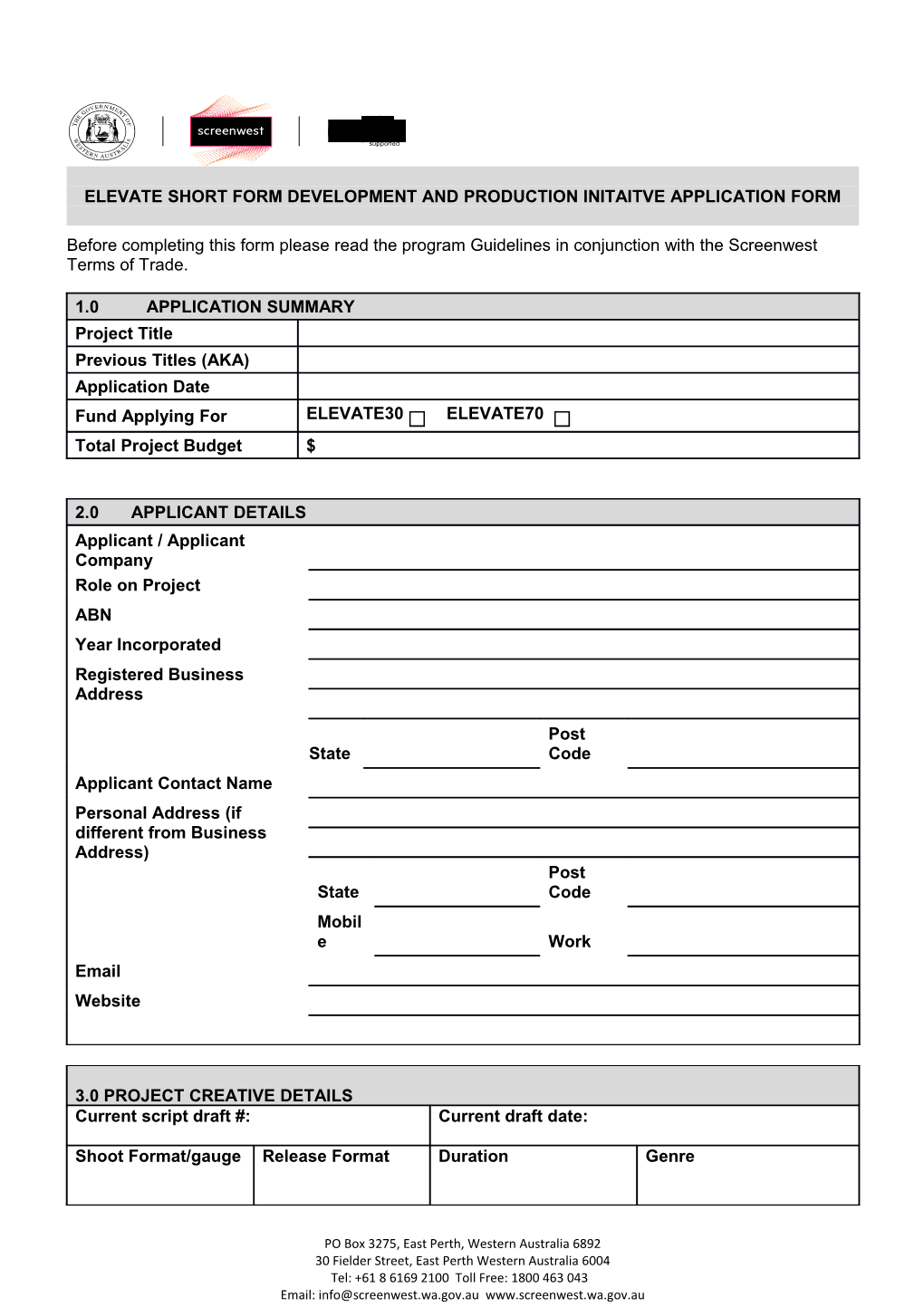 Screenwest Application Form