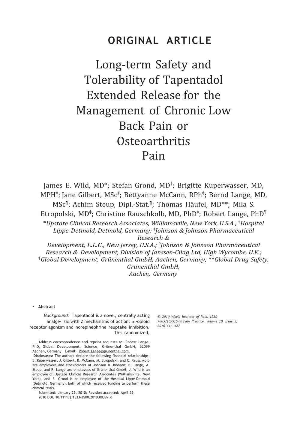 Longterm Safety and Tolerability of Tapentadol Extended Release for the Management of Chronic