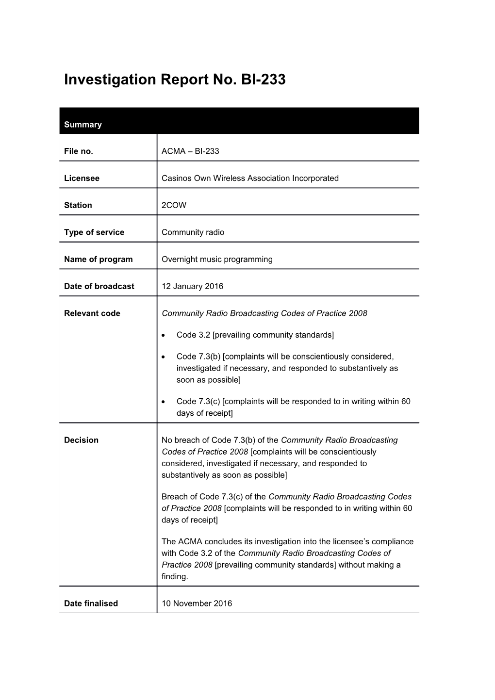 Investigation Report No. BI-233