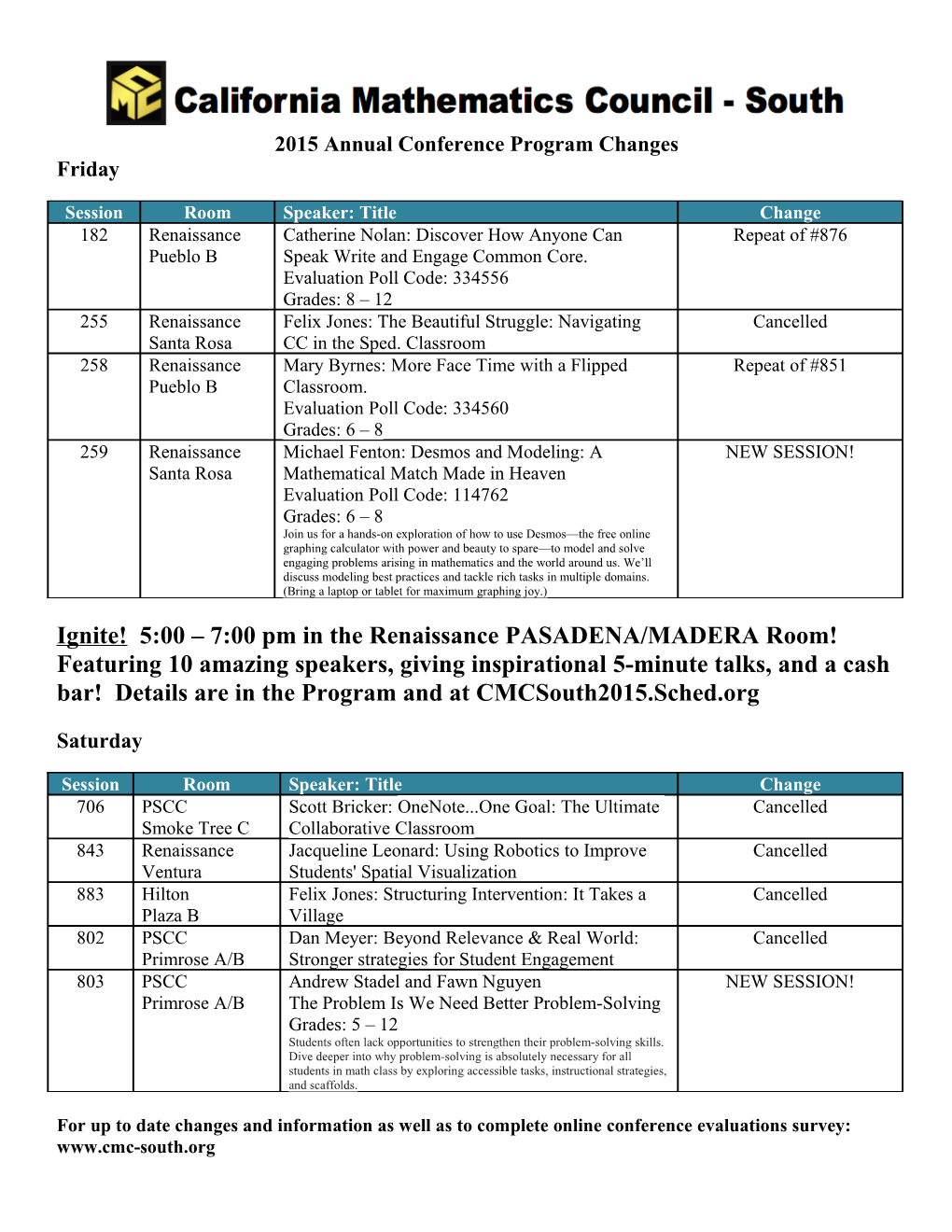 2015 Annual Conference Program Changes