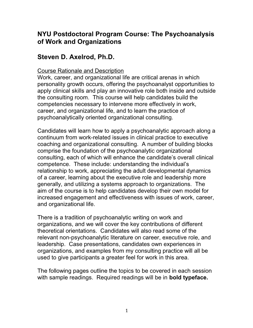 NYU Postdoctoral Program Course: the Psychoanalysis of Work and Organizations