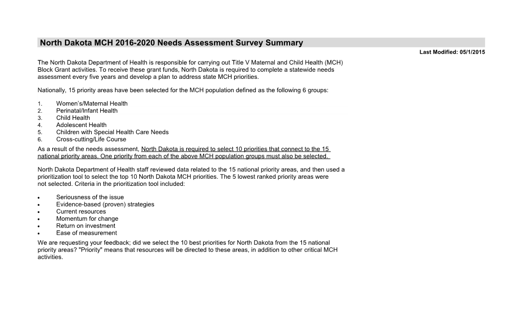 North Dakota MCH 2016-2020 Needs Assessment Survey Summary