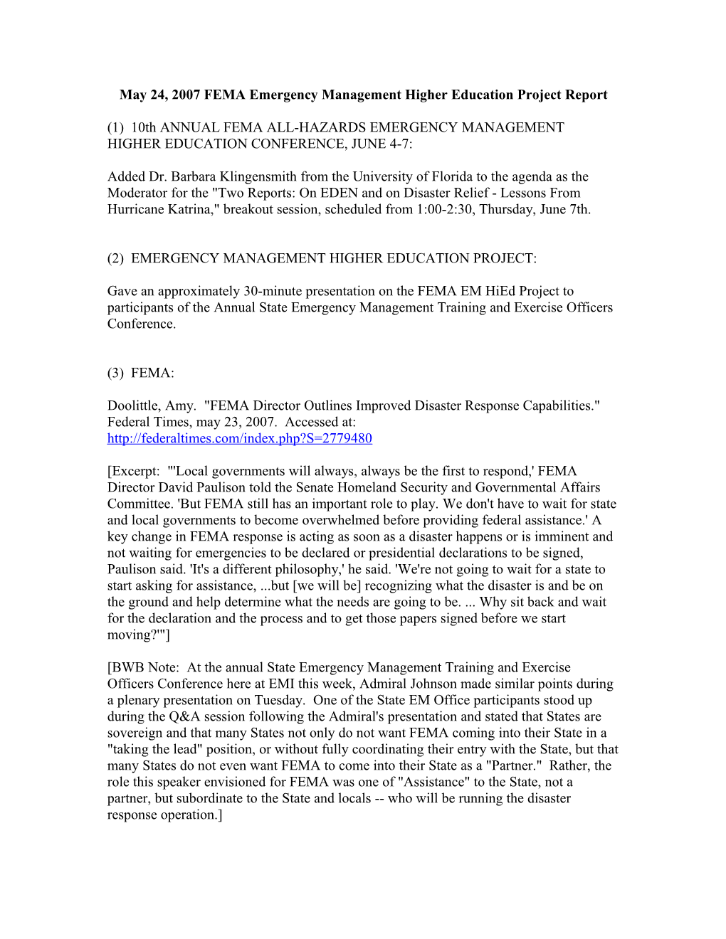 May 24, 2007 FEMA Emergency Management Higher Education Project Report