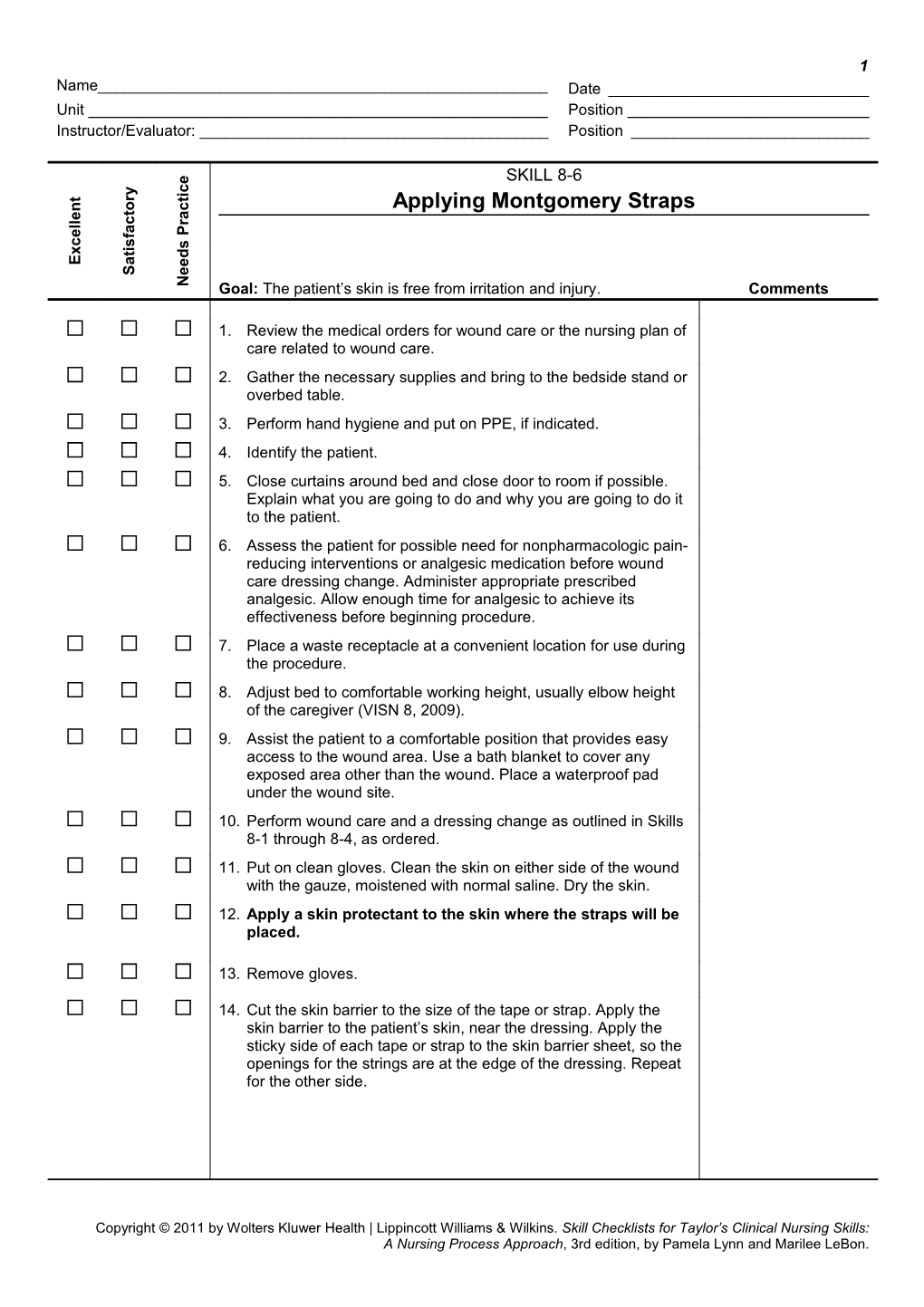 Copyright 2011 by Wolters Kluwer Health Lippincott Williams & Wilkins. Skill Checklists