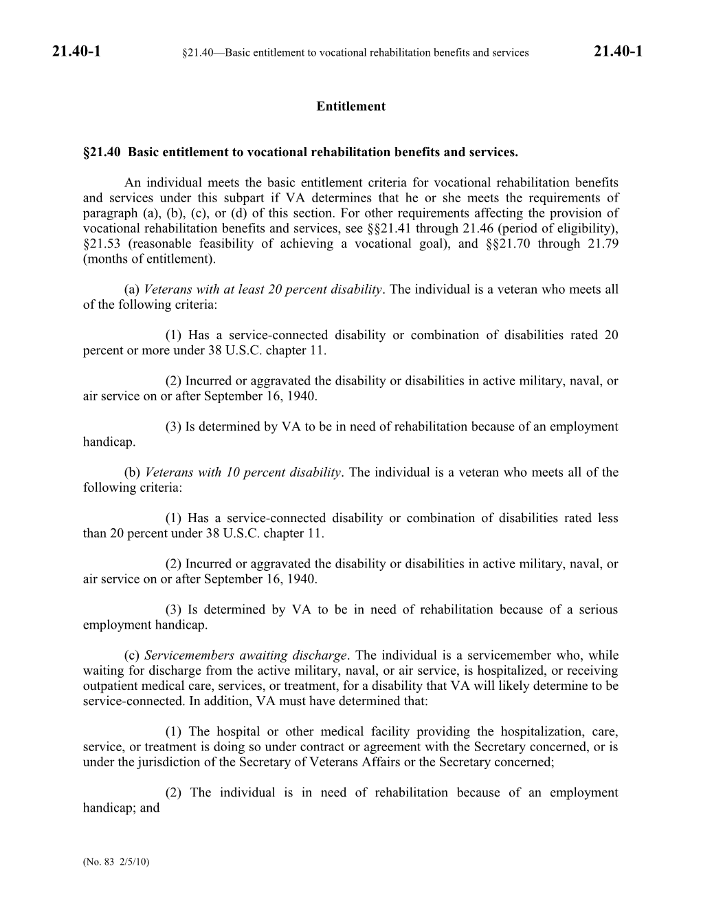 21.40 Basic Entitlement to Vocational Rehabilitation Benefits and Services