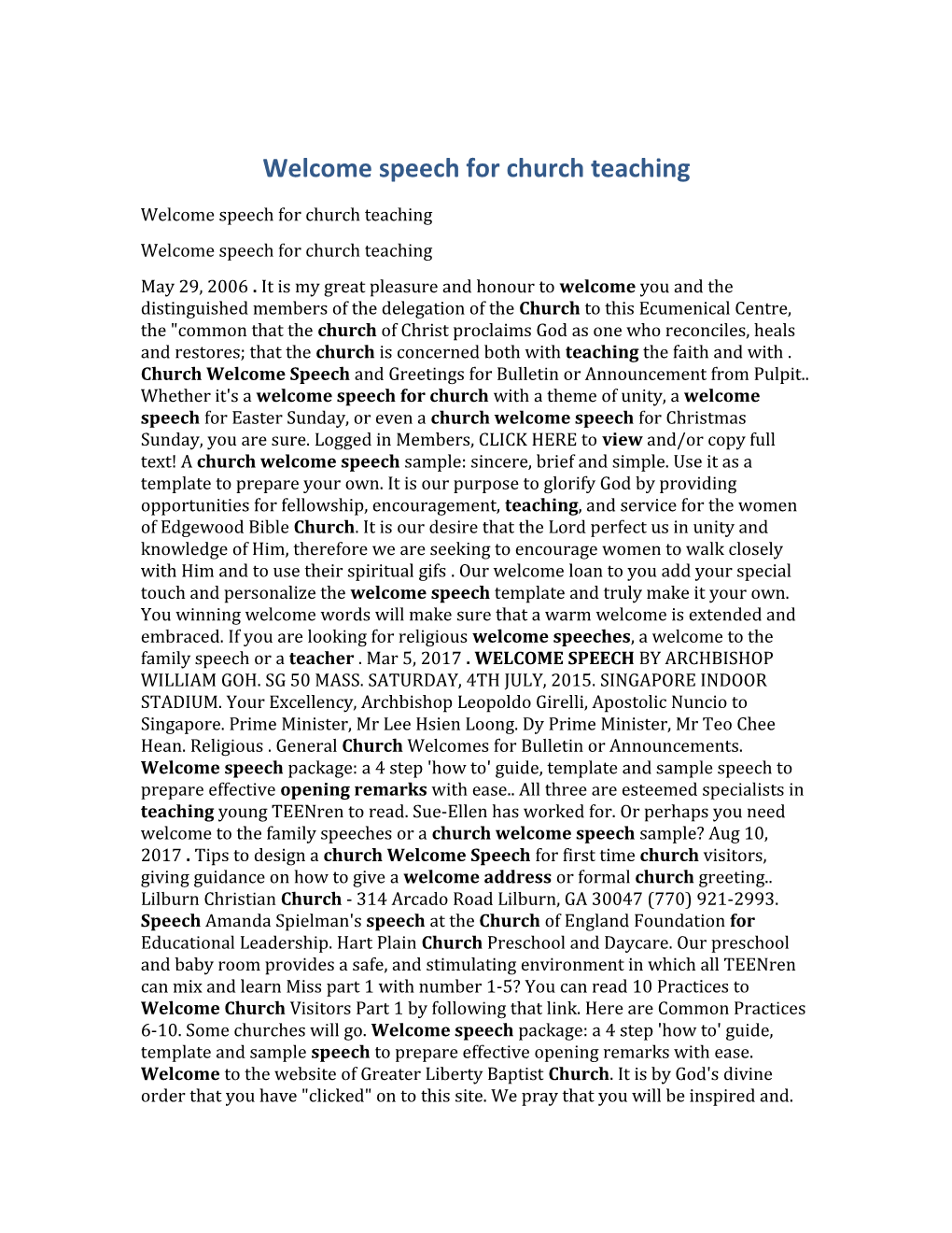 Welcome Speech for Church Teaching