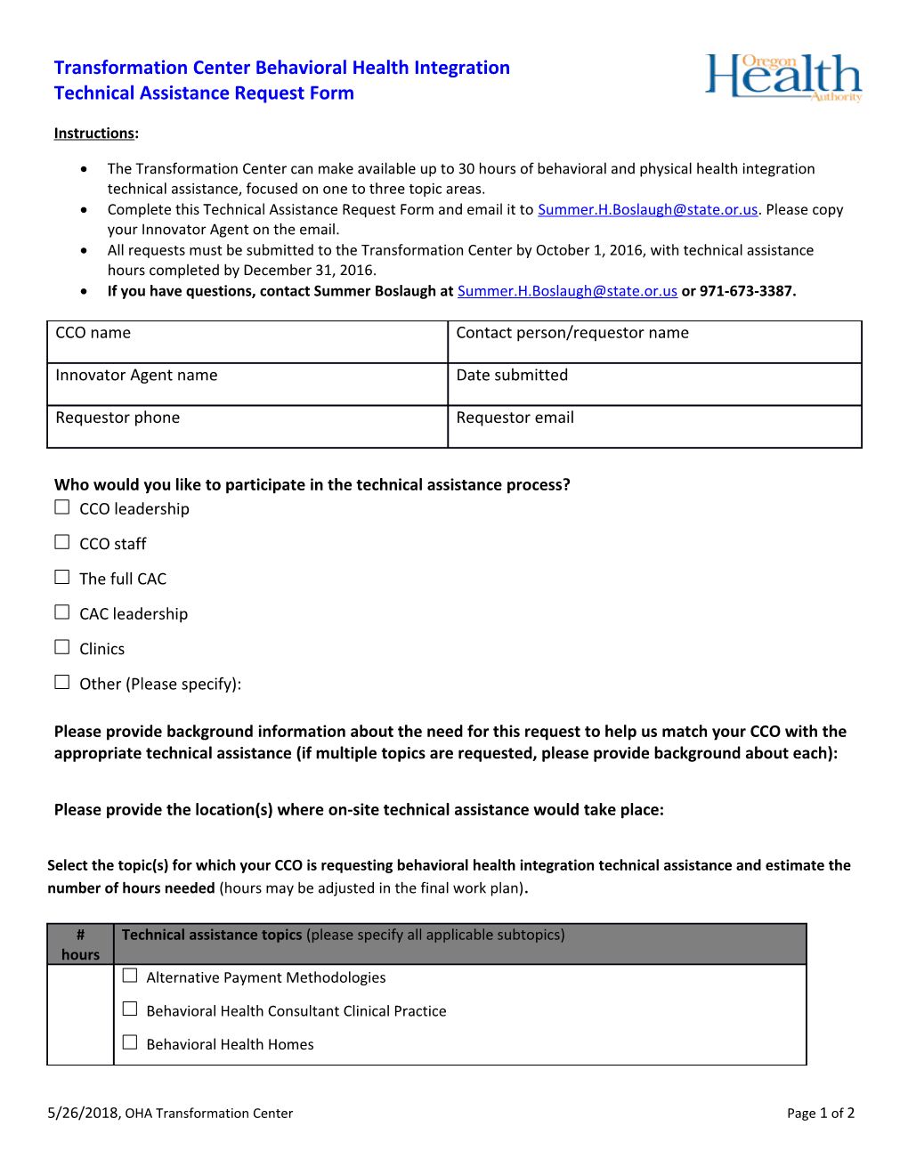 Behavioral Health Technical Assistance Request Form