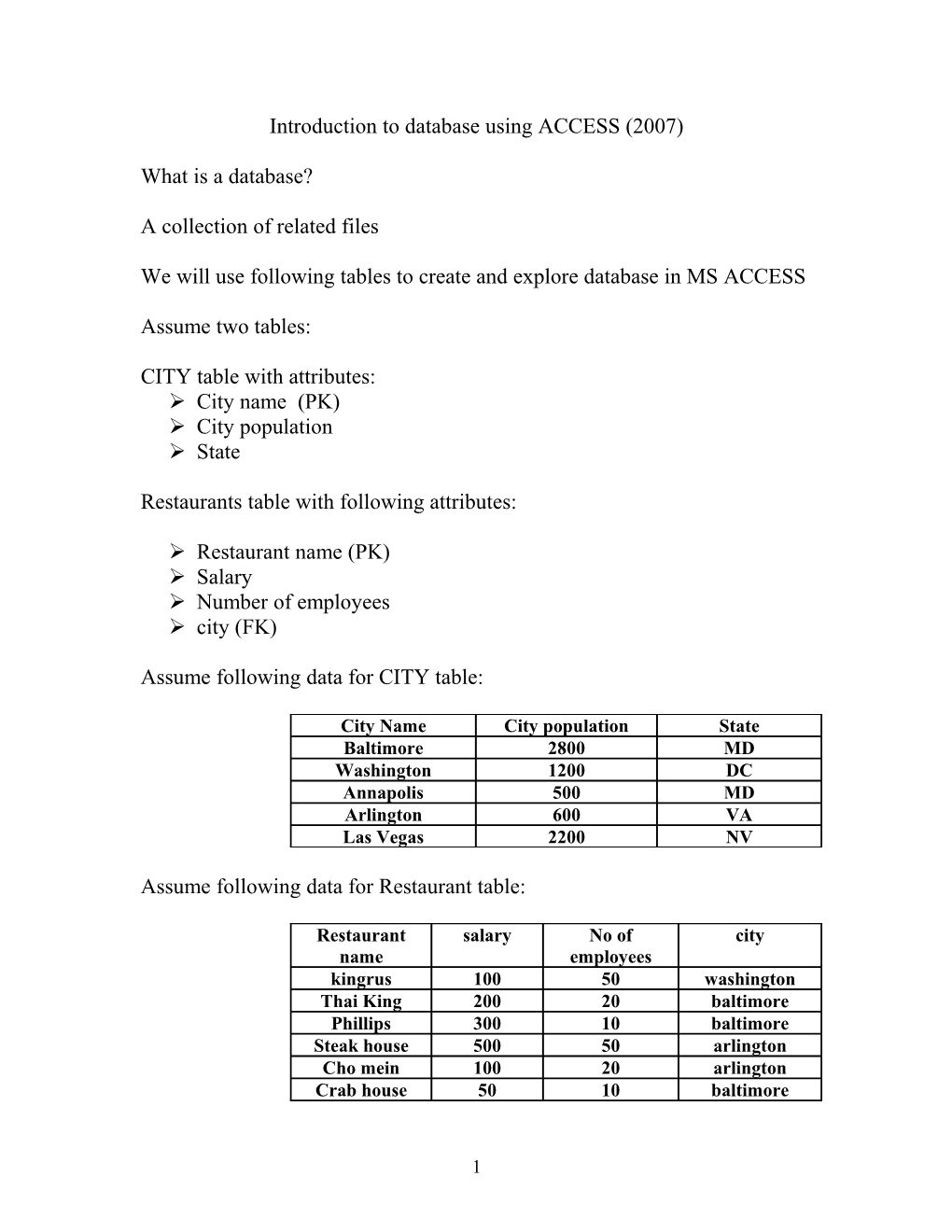 Introduction to Database Using ACCESS (2007)