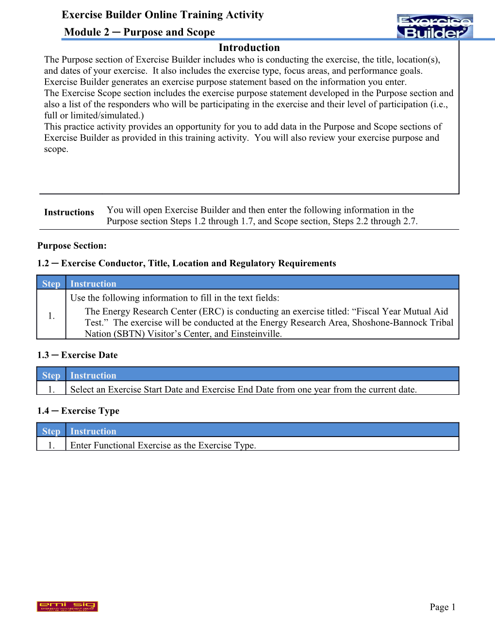 1.2 Exercise Conductor, Title, Location and Regulatory Requirements