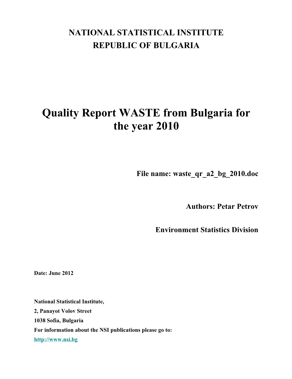 Quality Report Template 2012