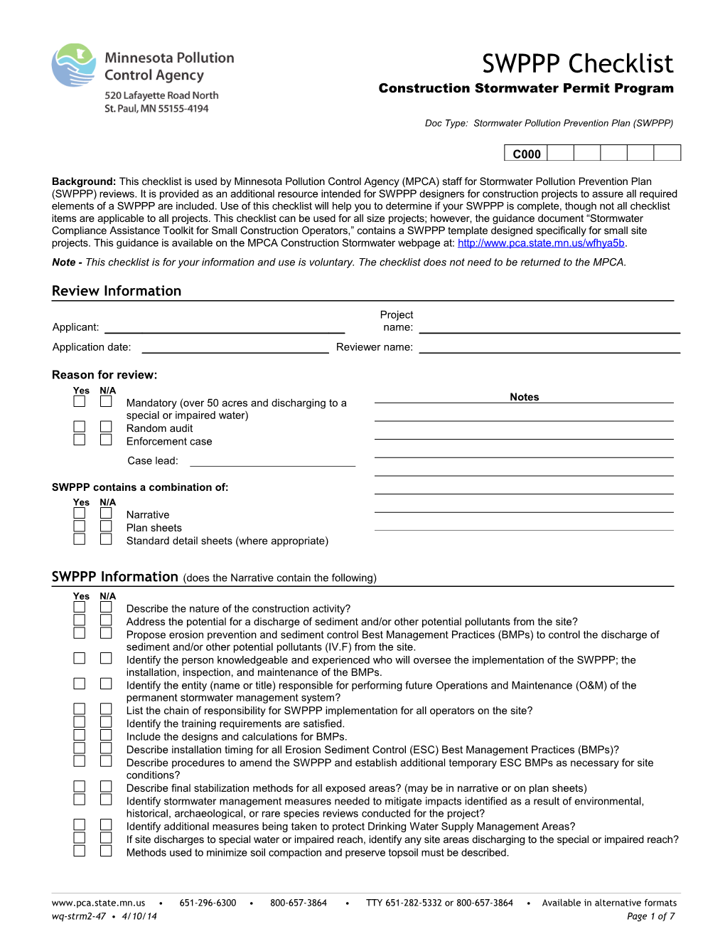 SWPPP Checklist - Constructon Stormwater Permit Program - Forms