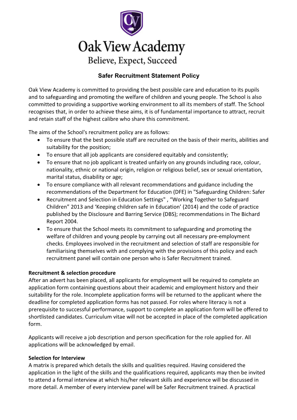 Safer Recruitment Statement Policy