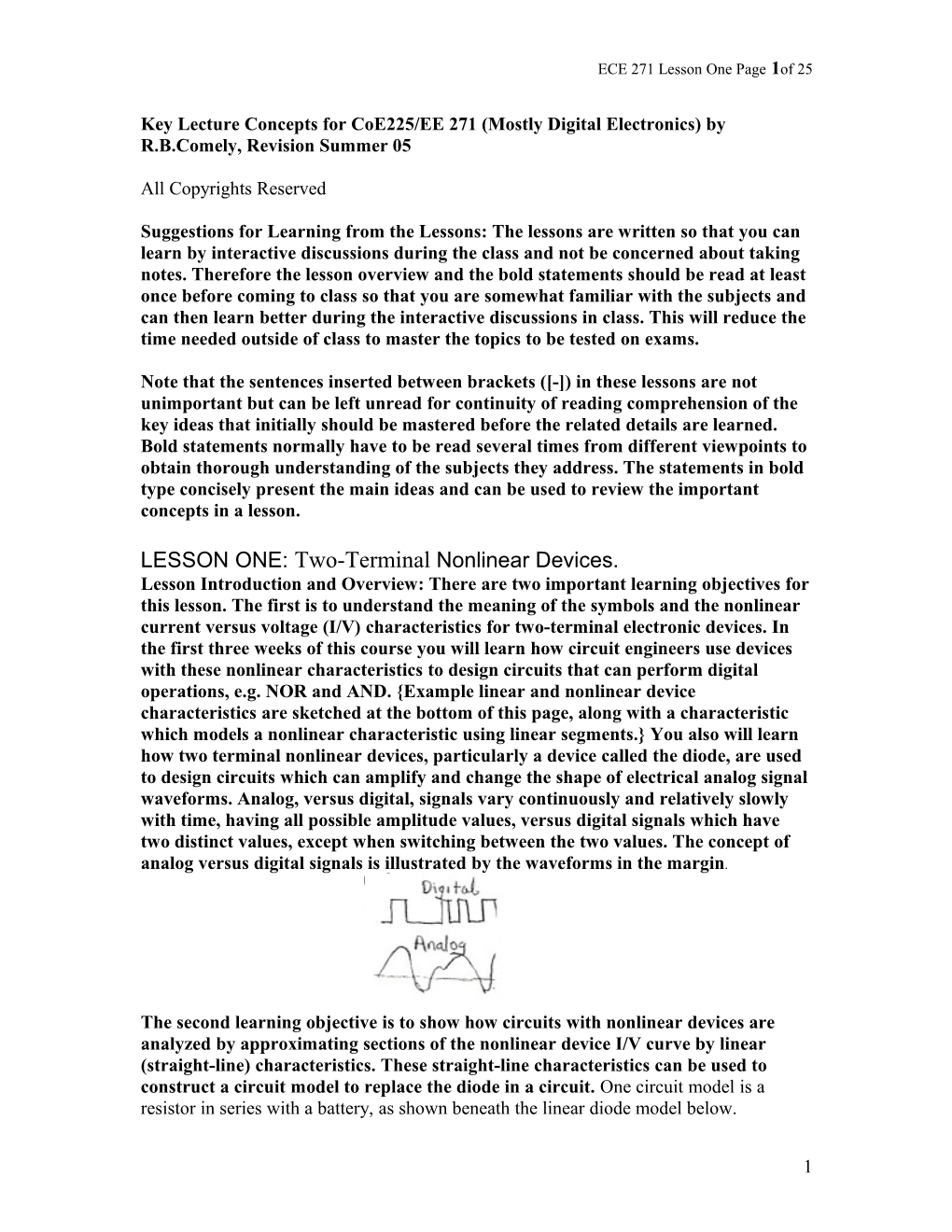 Key Lecture Concepts for Coe225/EE 271 (Mostly Digital Electronics) By