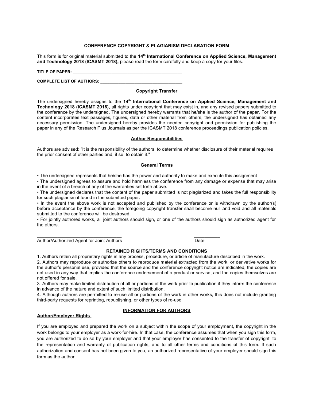 Conference Copyright & Plagiarismdeclaration Form