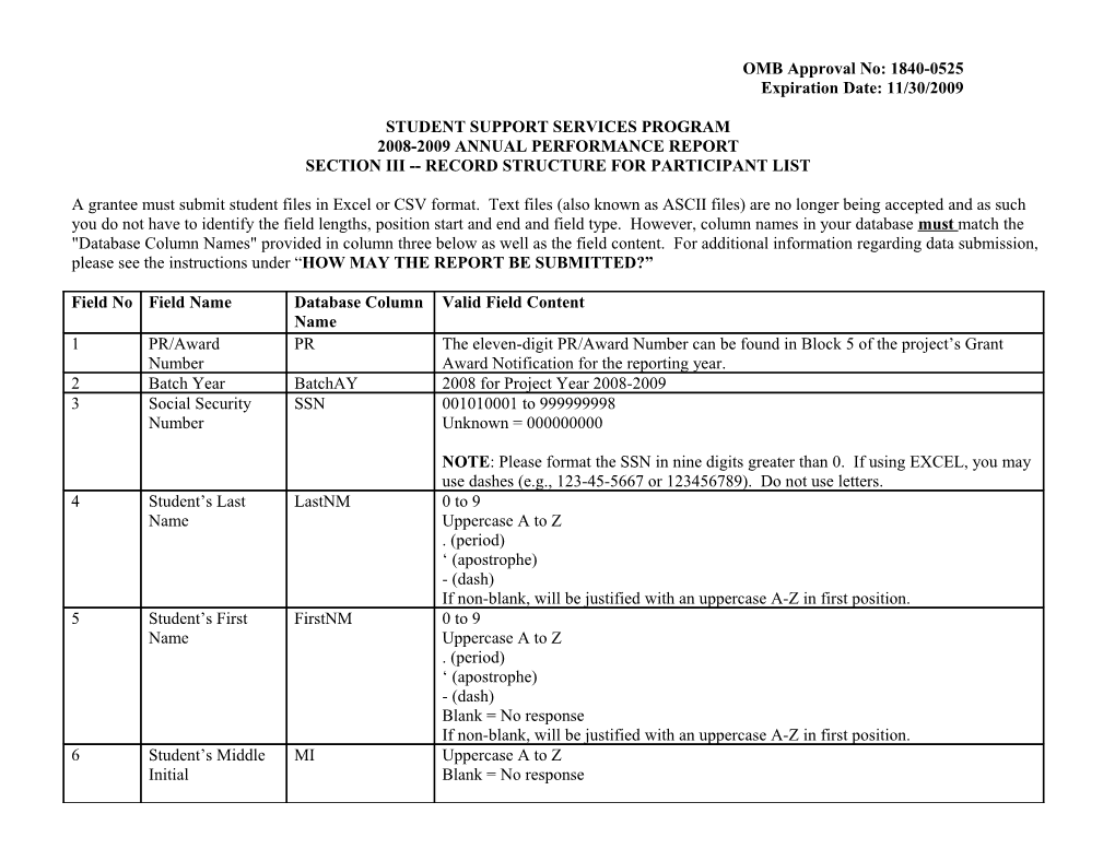 FY 2008-2009 Annual Performance Report Form Section III for the Student Support Services