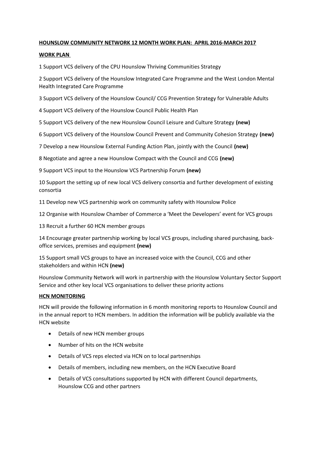 Hounslow Community Network 12 Month Work Plan: April 2016-March 2017