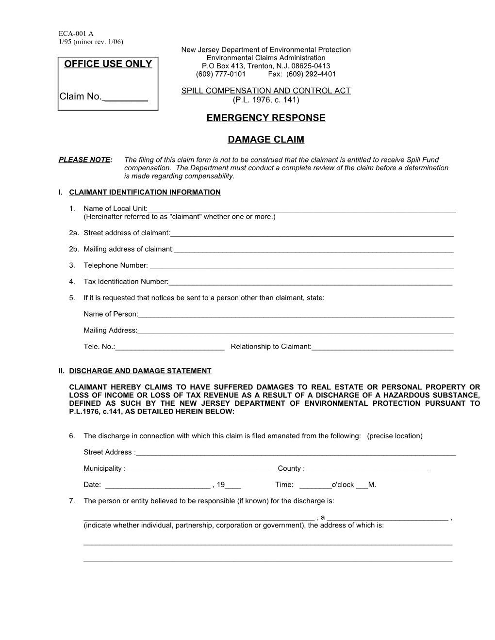 NJDEP Form ECA-001 a (1/95; Minor Rev. 1/2006)