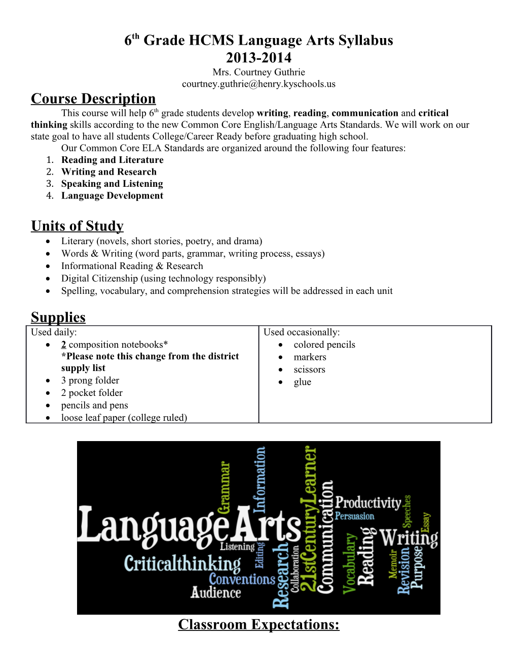 6Th Grade HCMS Language Arts Syllabus