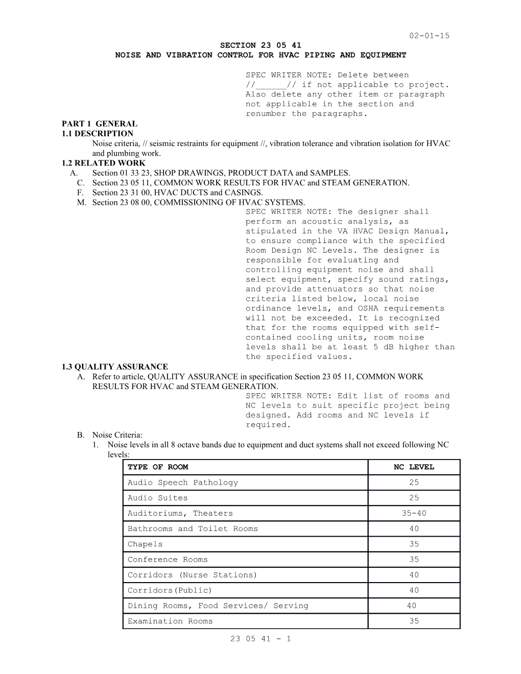 Section 23 05 41 - NOISE and VIBRATION CONTROL for HVAC PIPING and EQUIPMENT