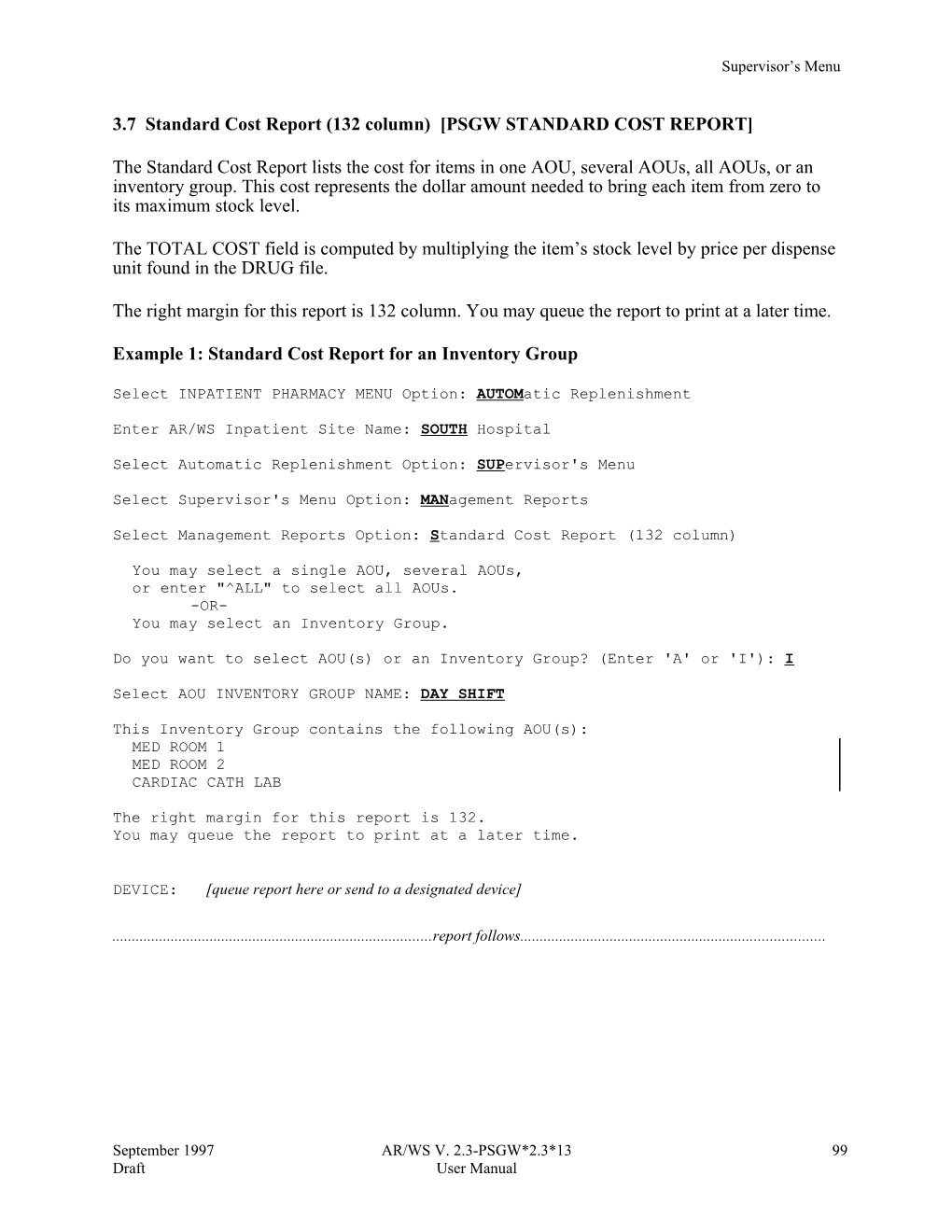 3.7 .Ib.Standard Cost Report (132 Column); PSGW STANDARD COST REPORT