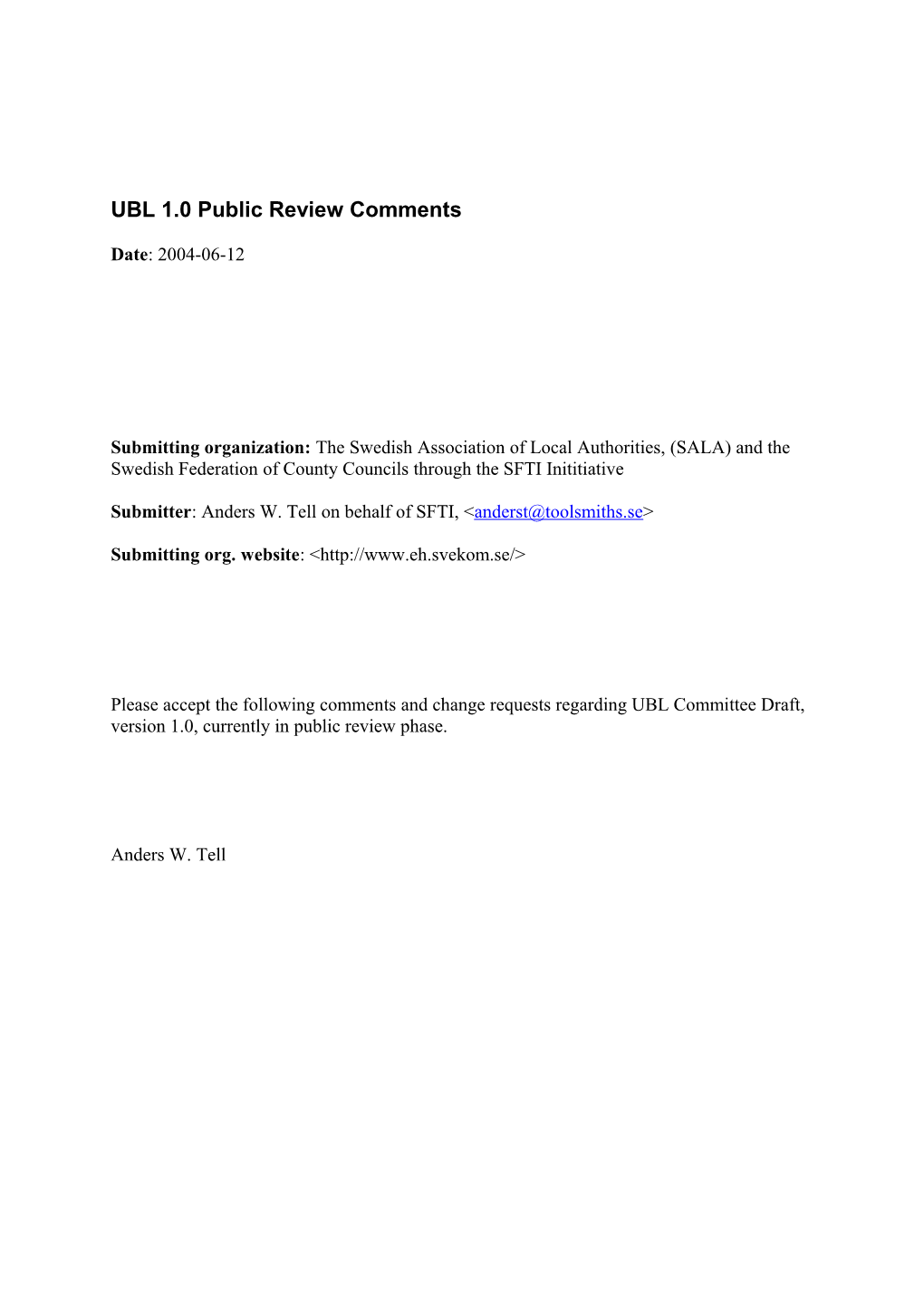 UBL 1.0 Public Review Comments