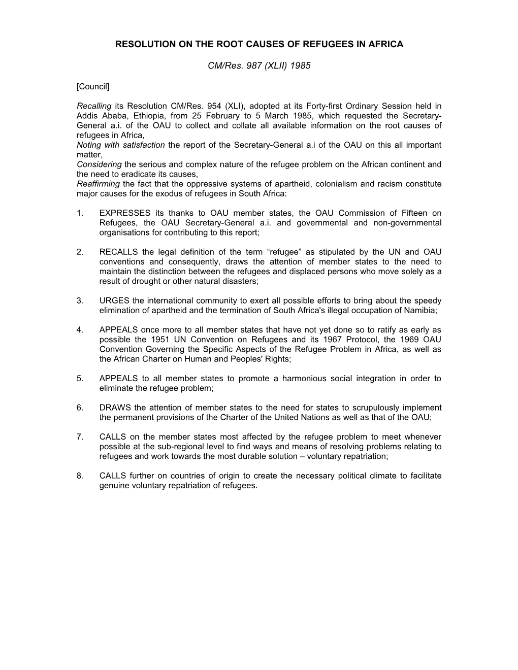 Resolution on the Root Causes of Refugees in Africa
