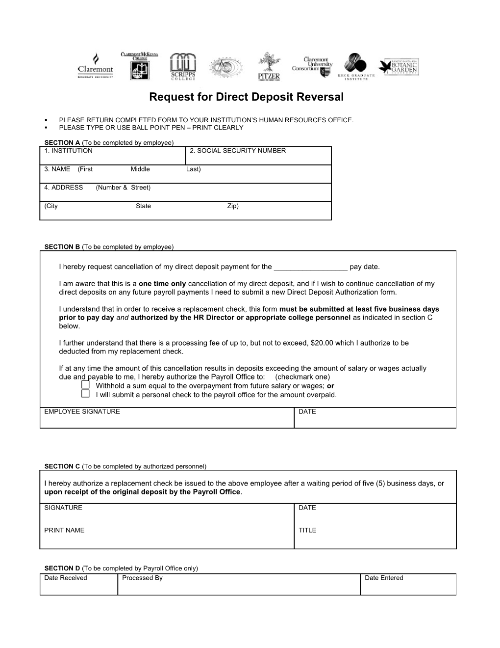 Request for Direct Deposit Reversal