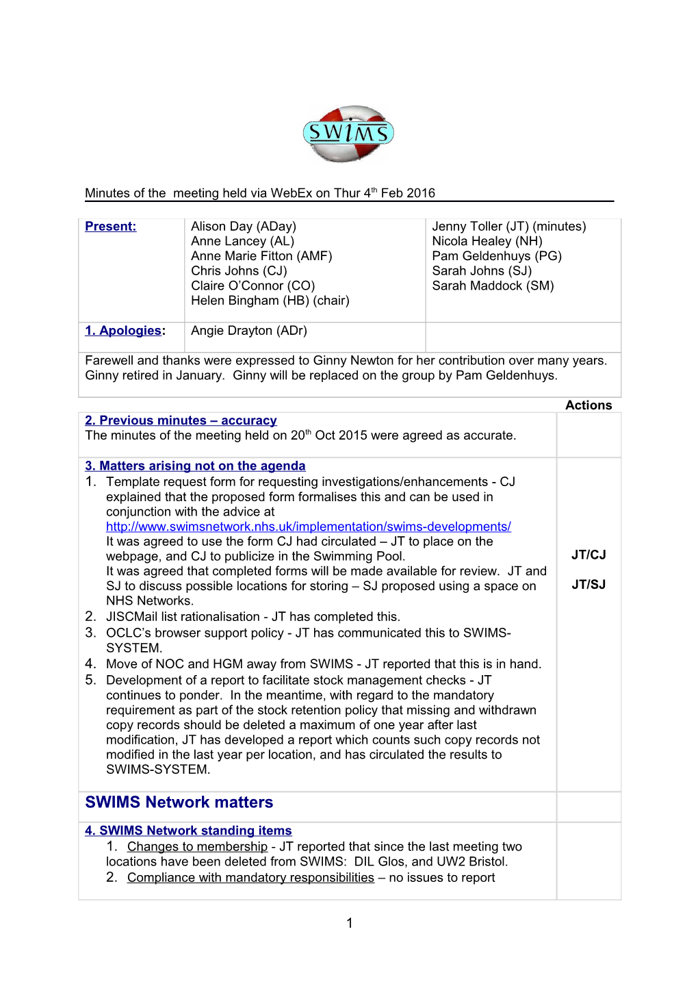 Minutes of the SWIMS Network Board Meeting Held Via Webex on Thur 4Th Feb 2016