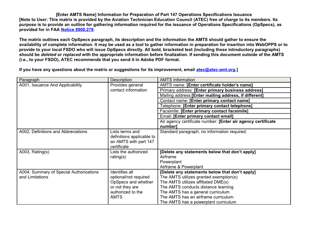 Note to User: This Matrix Is Provided by the Aviation Technician Education Council (ATEC)