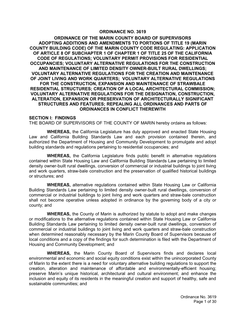 Ordinance of the Marin County Board of Supervisors
