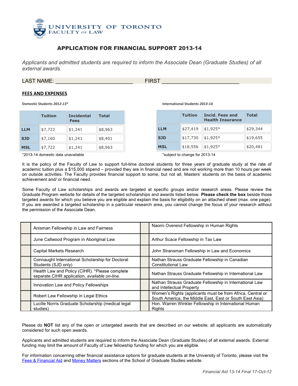 Application for Financial Support 2013-14