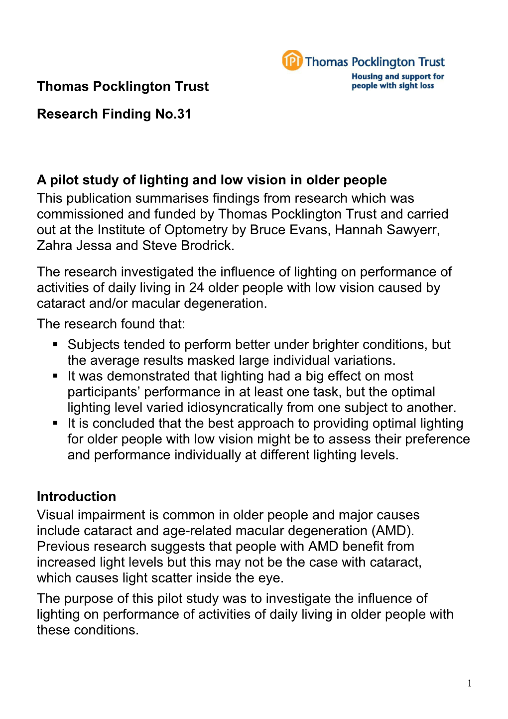 A Pilot Study of Lighting and Low Vision in Older People