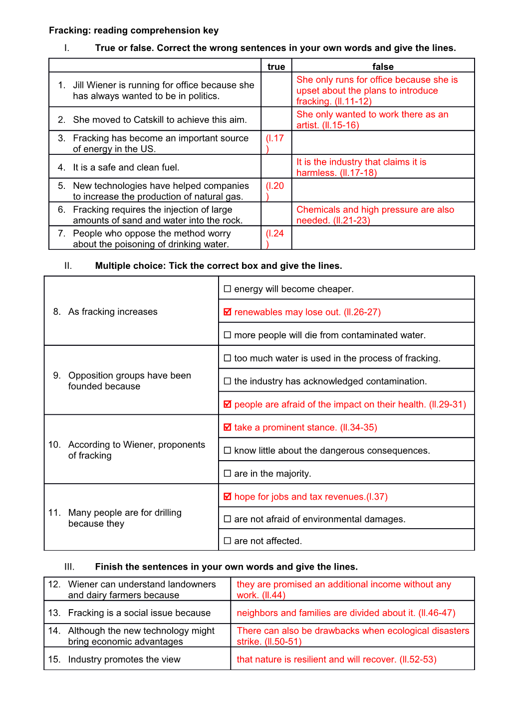 Fracking: Reading Comprehension Key