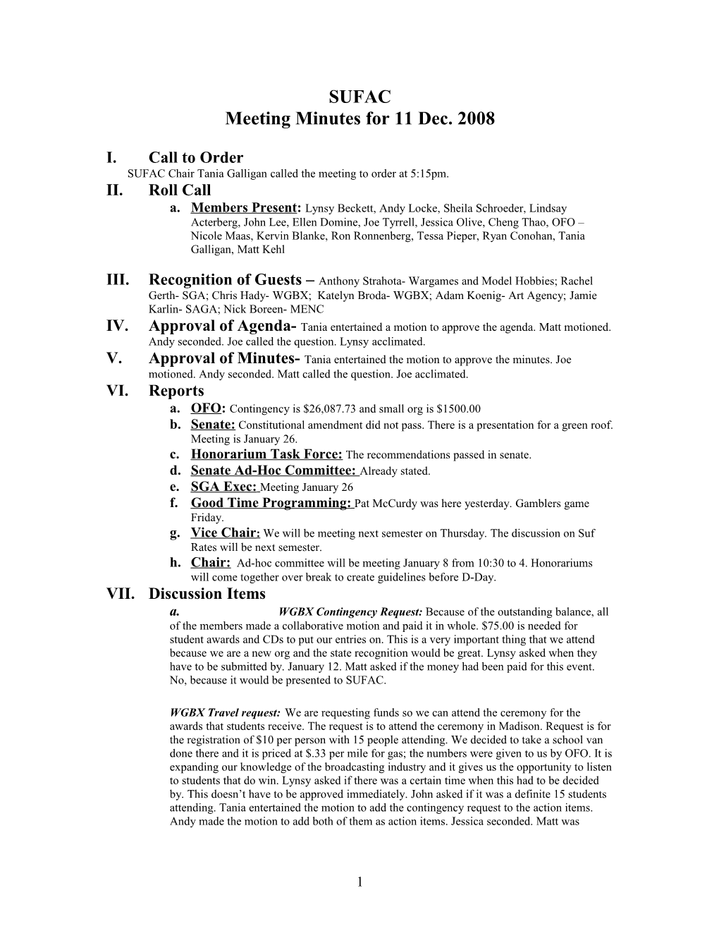 Meeting Minutes for 11 Dec. 2008