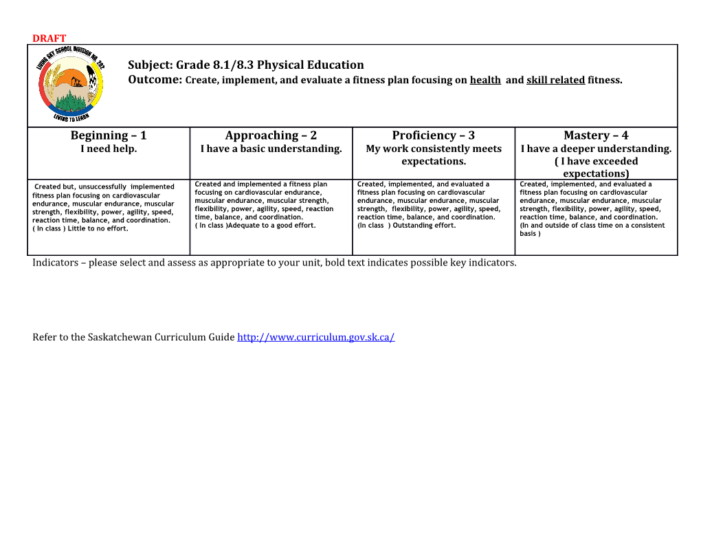 Refer to the Saskatchewan Curriculum Guide