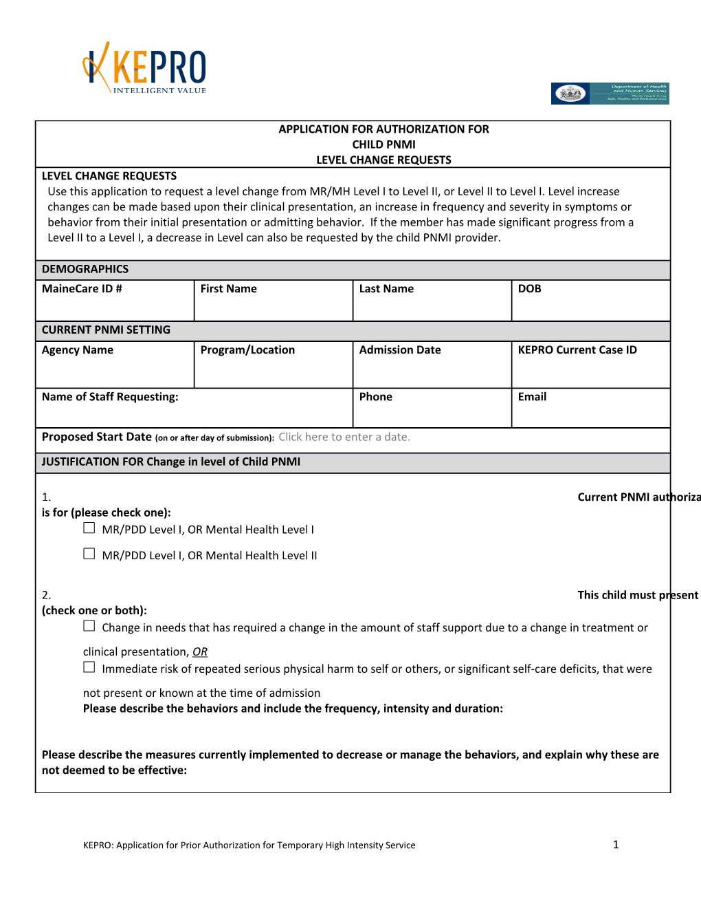 Application for Authorization for Child Pnmi Level Change Requests Level Change Requests