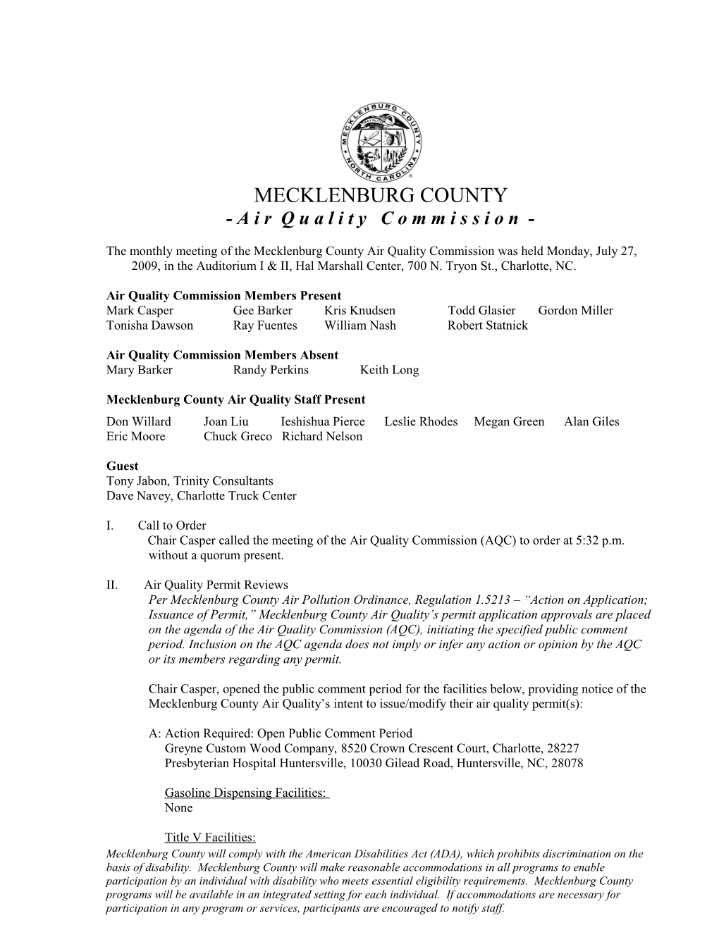 Air Quality Commission Summary Minutes July 2009