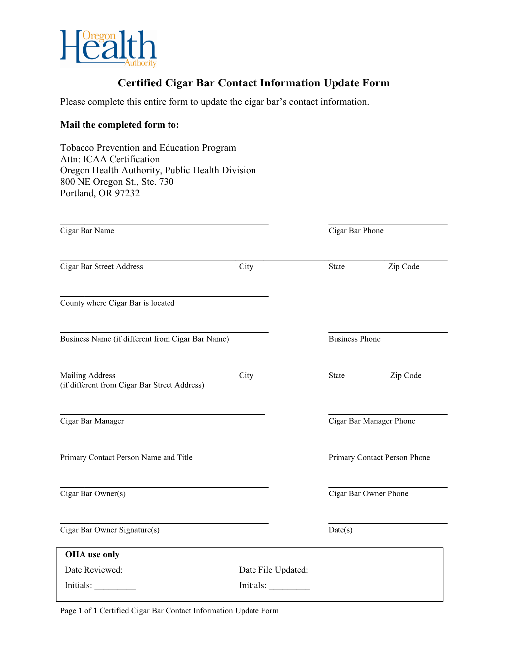 Certified Cigar Bar Contact Information Update Form