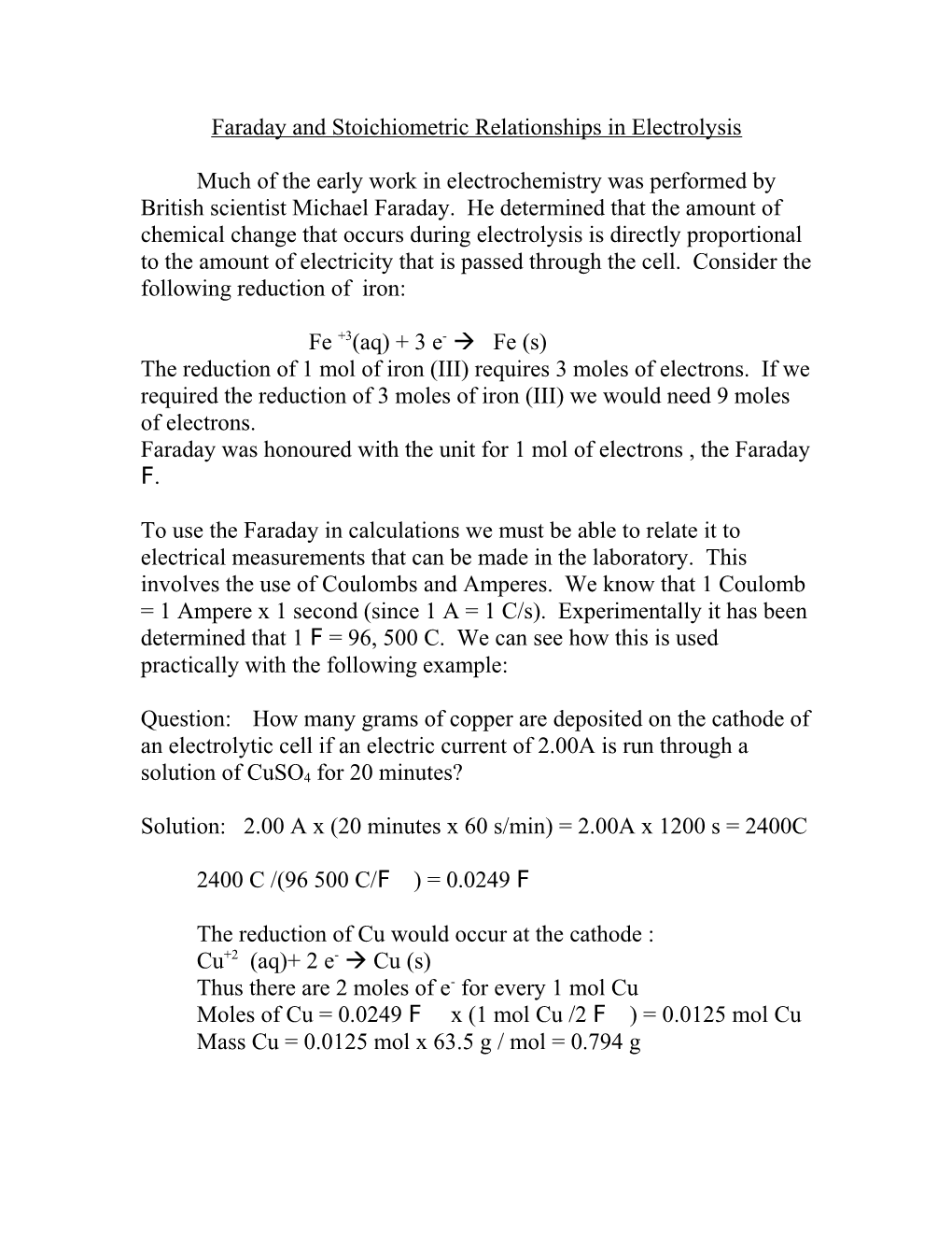 Faraday and Stoichiometric Relationships in Electrolysis