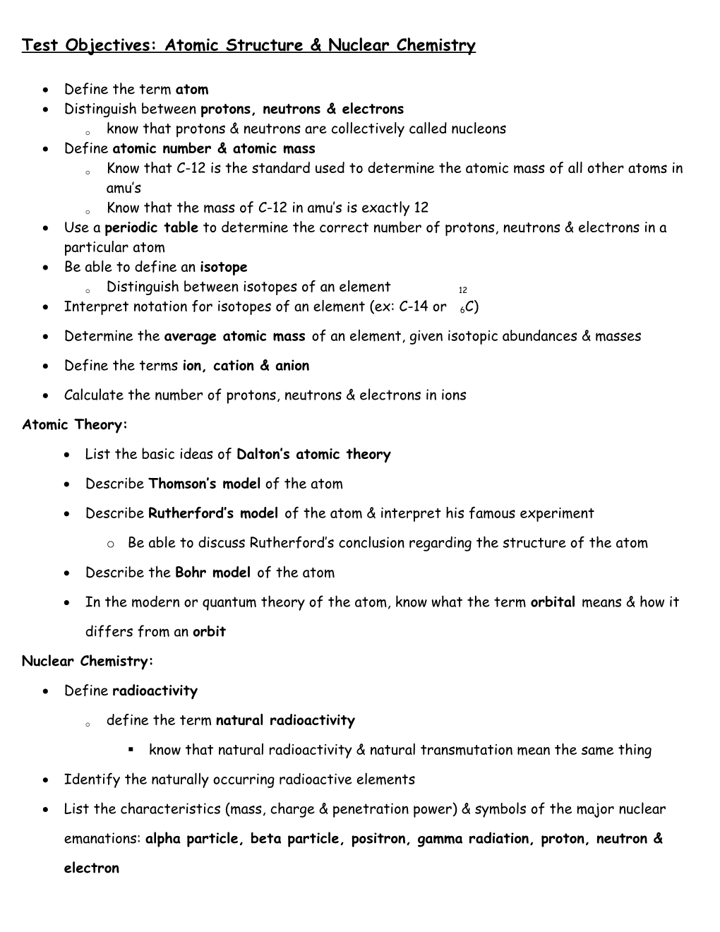 Test Objectives for Unit 3: Atomic Structure & Nuclear Chemistry