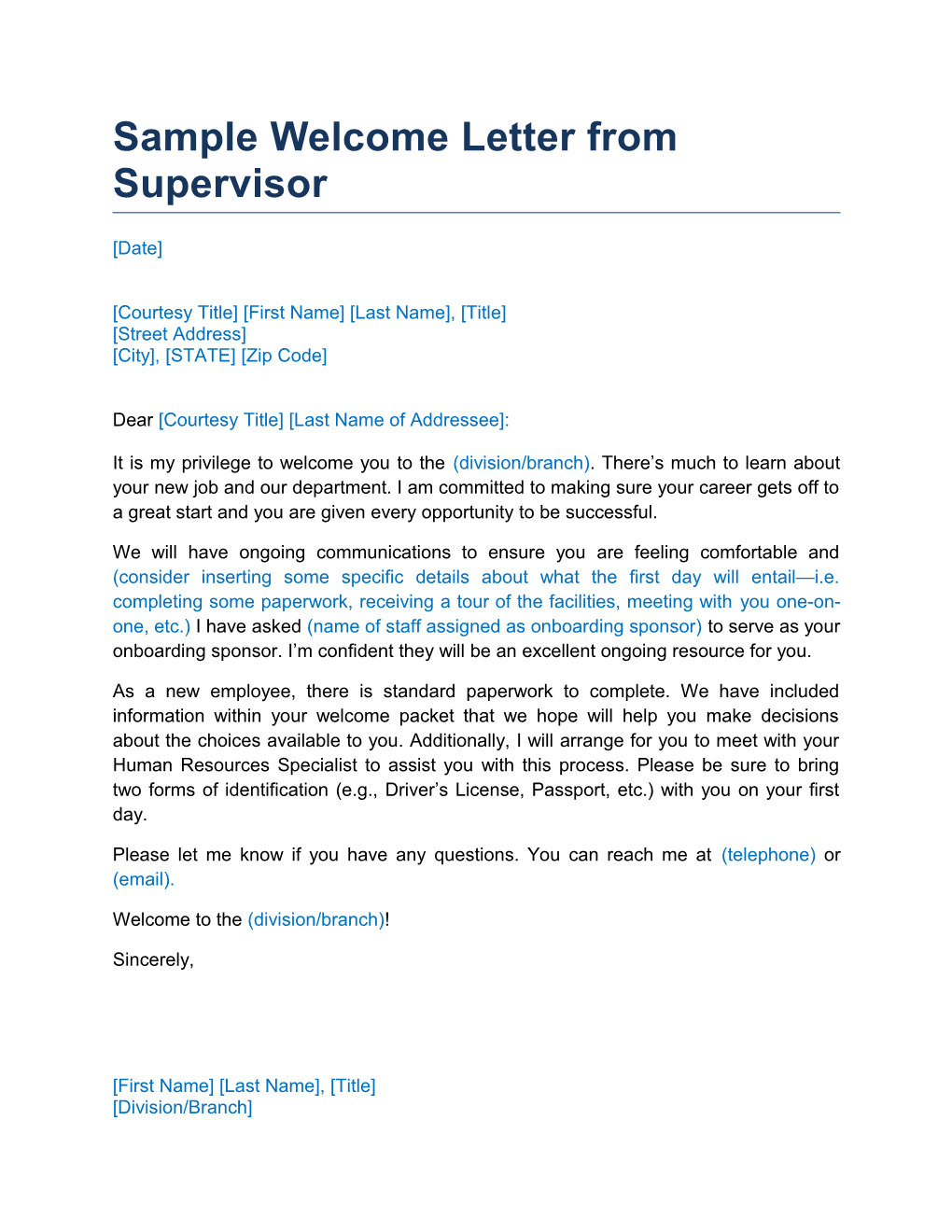 Sample Welcome Letter from Supervisor