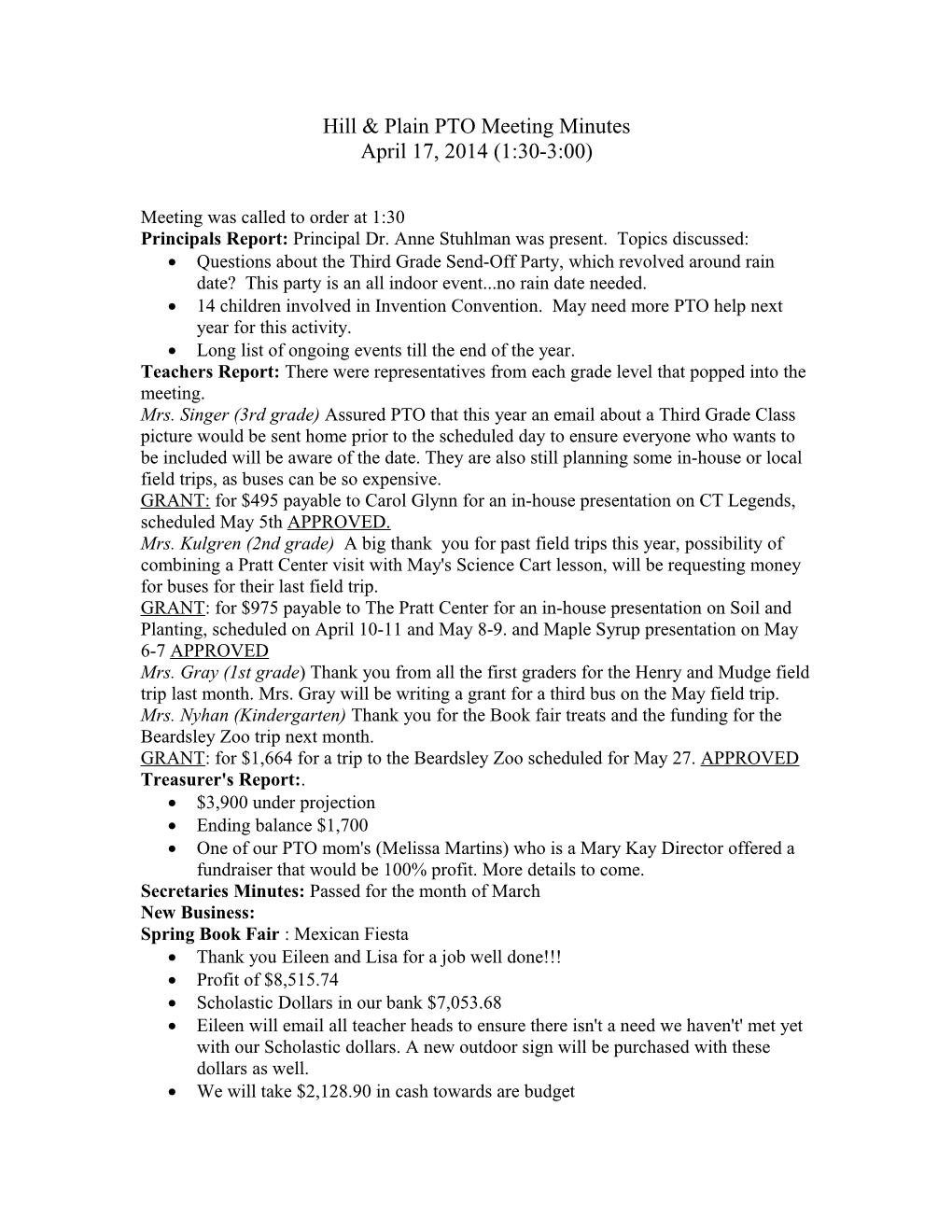 Hill & Plain PTO October Meeting Minutes