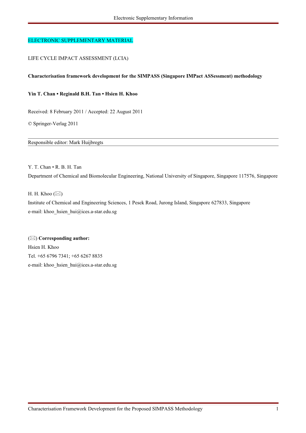 Characterisation Framework Development for the SIMPASS (Singapore Impact Assessment)