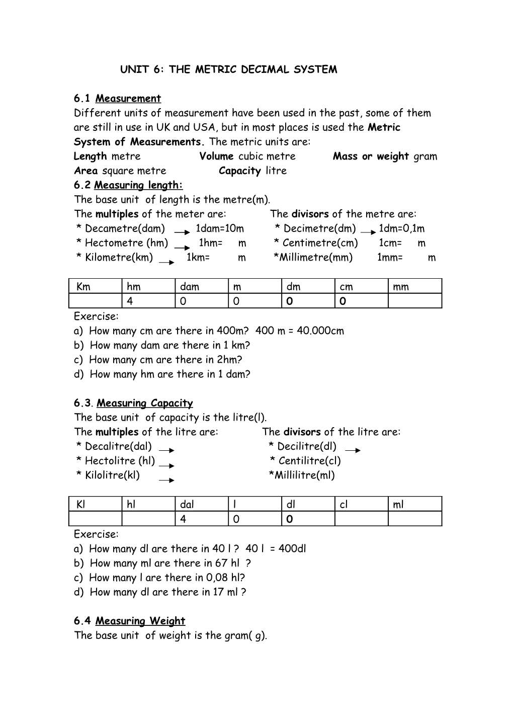 Unit 6: the Metric Decimal System