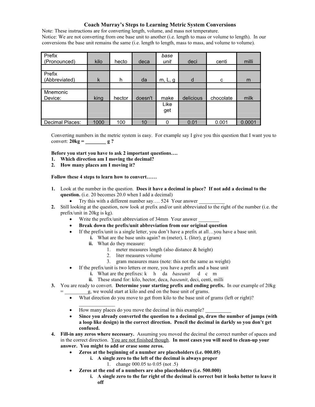 Coach Murray S Steps to Learning Metric System Conversions (Continued)