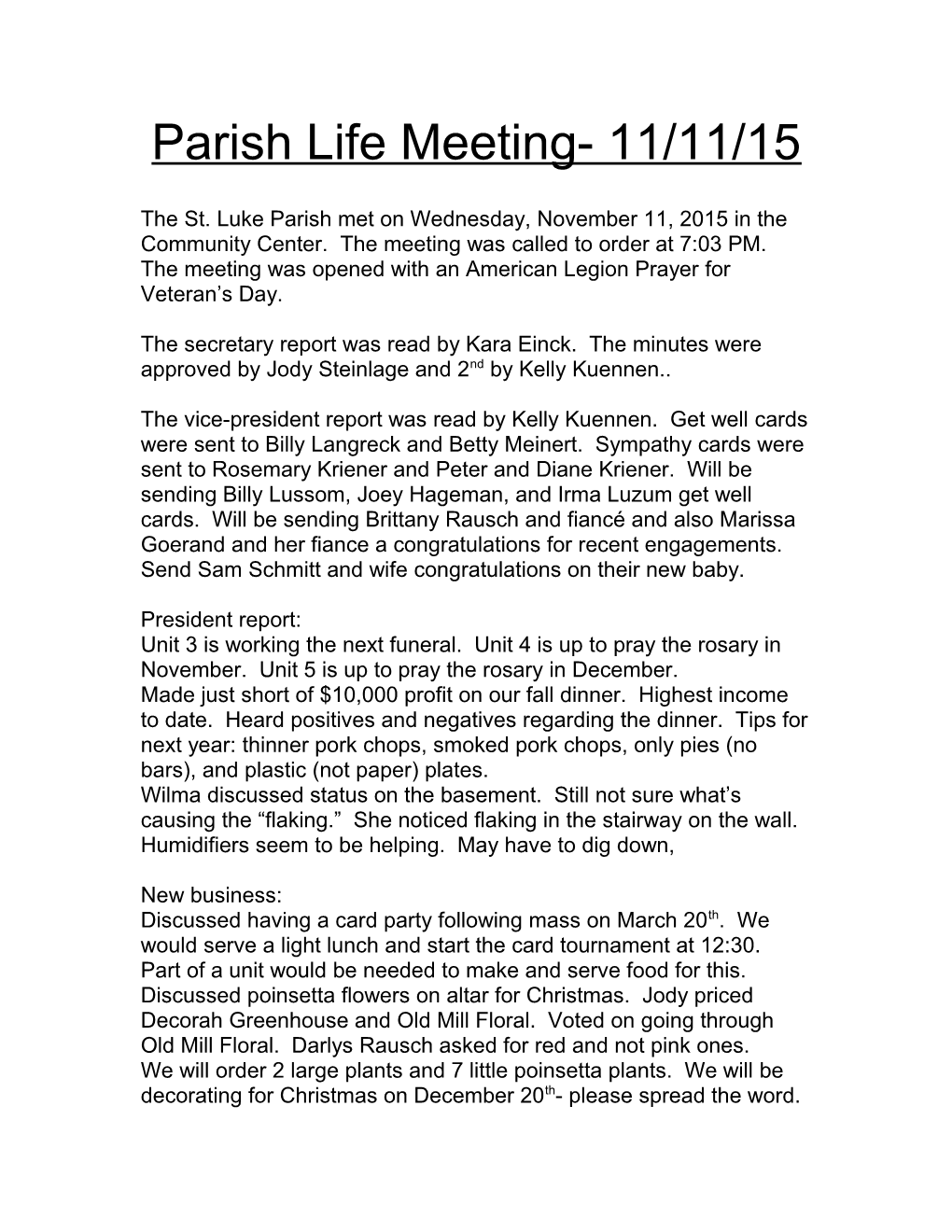 Parish Life Meeting- 11/11/15