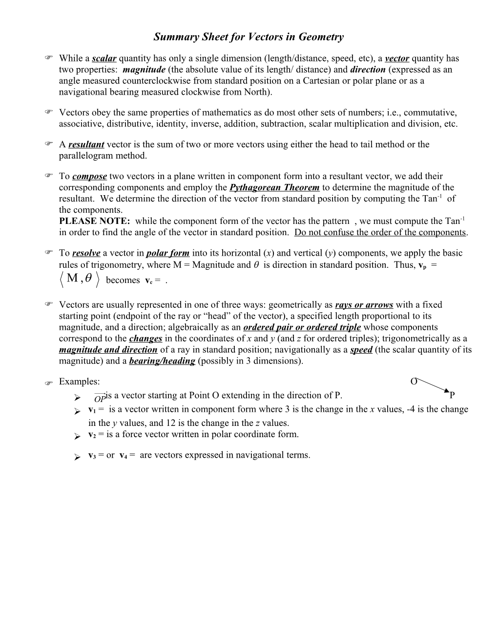 Summary Sheet for Vectors, Determinants, and Parametric Equations