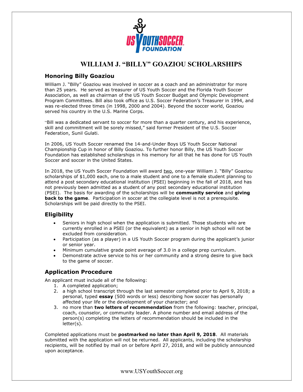 William J. Billy Goaziou Scholarships s1