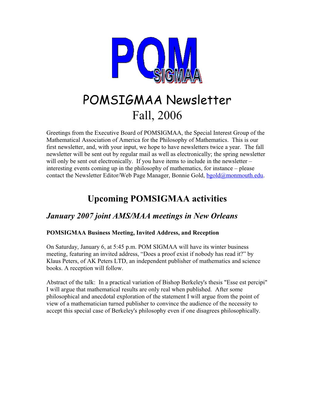 POMSIGMAA Business Meeting, Invited Address, and Reception